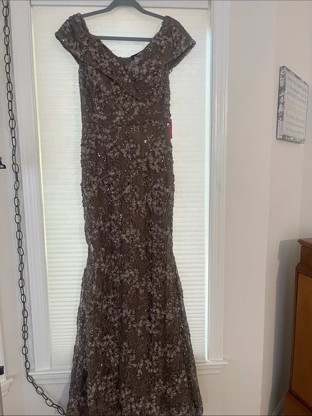 Xscape Brown Floral Sequin Off-Shoulder Maxi Gown